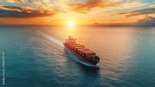 3D clay-style cargo ship carrying delivery containers across a calm ocean with a clay sun setting on the horizon Large space for text in center Stock Photo with copy space