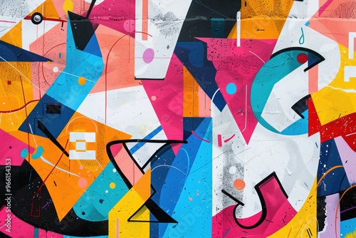 A vibrant abstract graffiti mural featuring geometric shapes and bold colors like pink, orange, blue, and yellow. The artwork combines various patterns and lines, creating a dynamic visual experience.