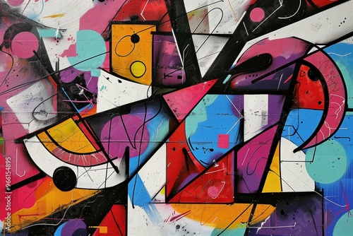 A vibrant abstract graffiti mural featuring geometric shapes and bold colors, including pink, purple, blue, and yellow. The design incorporates lines and curves, creating a dynamic visual effect.