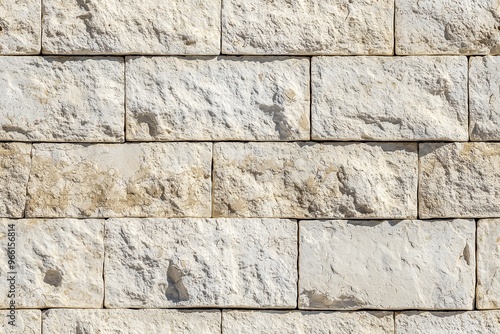 Textured limestone cladding stone wall made of rectangular blocks in light beige and cream colors, showcasing natural variations and imperfections.