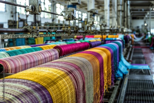 Colorful Weaving Factory. A textile factory with rows of looms weaving colorful fabrics.