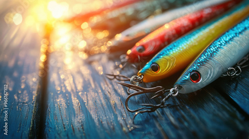 Colorful fishing lures with hooks arranged on a wooden surface in sunlight symbolizing fishing, recreation, and outdoor adventure