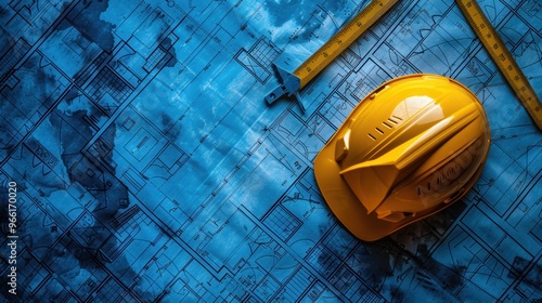 Background with construction blueprints, a yellow hard hat, and a ruler.