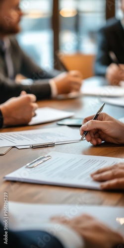 A group of people are sitting around a table with papers and pens. One person is writing on a piece of paper. Scene is serious and focused, as the people are likely discussing important matters