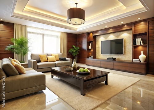 Luxurious modern living room features sleek wenge wood furniture, including a low-profile sofa, coffee table, and TV