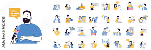 Journalism concept mega set with character scenes in flat design for web. Bundle situations with people talk breaking news, work in tv show, take interview, making reportage. Vector illustrations.