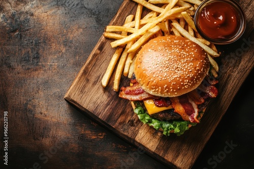 Delicious cheeseburger with bacon, lettuce, and fries on a wooden board, served with ketchup for a mouthwatering meal.