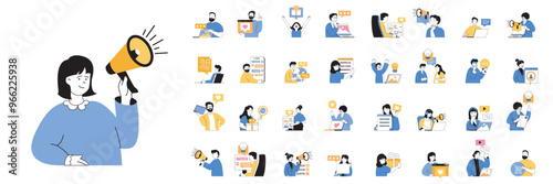 Social media concept mega set with character scenes in flat design for web. Bundle situations with people promote online, watching video, follow live broadcasting, share posts. Vector illustrations.