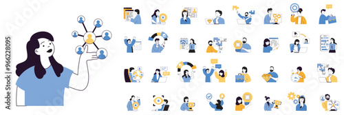 Teamwork concept mega set with character scenes in flat design for web. Bundle situations with people working together at project, supporting colleagues, brainstorming new ideas. Vector illustrations.