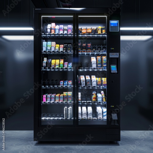 a matte black "MOLLY" vending machine for cold canned drinks called "MOLLY". Neon accents, ultra real, black cans, 4k