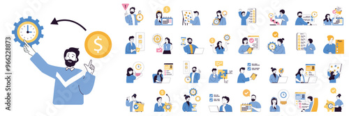 Time management concept mega set with character scenes in flat design for web. Bundle situations with people manage schedule with clock, plan tasks in calendar, work to deadline. Vector illustrations.