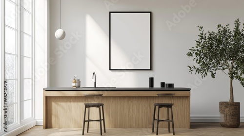 photo of a poster mockup, kitchen environment, danish design, interior design, minimalistic 