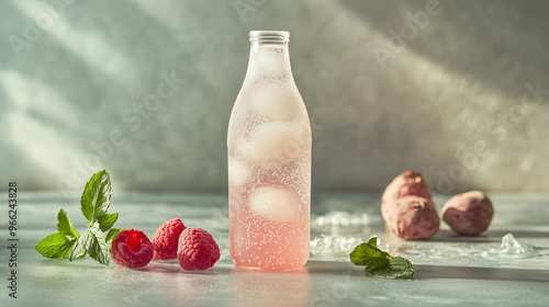 Refreshing non-alcoholic sparkling cocktail with lychee and raspberry in a frosted glass bottle. A light and fizzy drink perfect for summer hydration. Image made using Generative AI.