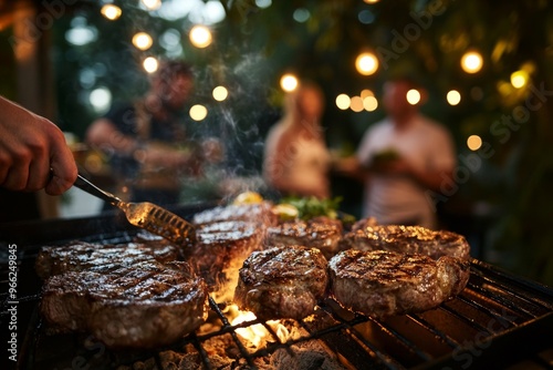 Outdoor barbecue gathering with grilled steaks and friends under string lights