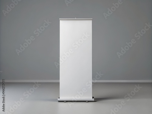 Realistic roll-up banner mockup with a standing display and blank white canvas, isolated on a gray background, perfect