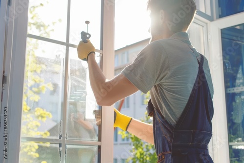 Construction worker installing window in house. Handyman fixing the window with screwdriver Construction worker installing window in house. Handyman fixing the window with screwdriver.