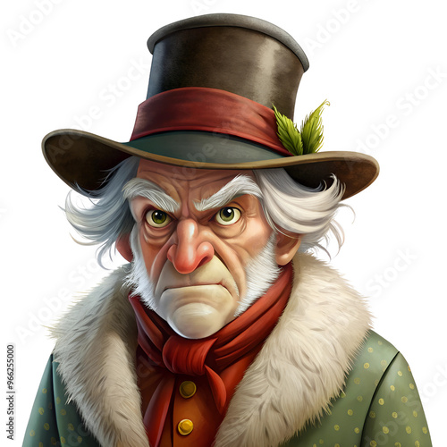 Scrooge character illustration with a top hat and fur coat