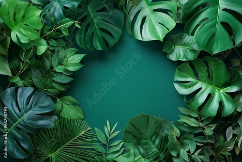 A lush frame of vibrant green tropical leaves, creating a naturally artistic border for a refreshing visual.