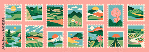 Set of retro nature landscape post card stamp. Vintage style natural environment scenery postage sticker collection, travel destination mail, beautiful tourism scenery. Includes mountain, beach view. 