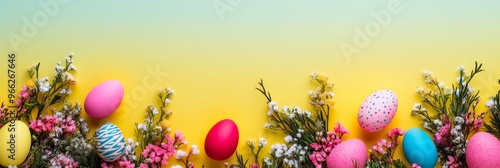 A festive Easter banner featuring colorful eggs, flowers, and a vibrant yellow background. The eggs symbolize new beginnings, the flowers represent growth and renewal