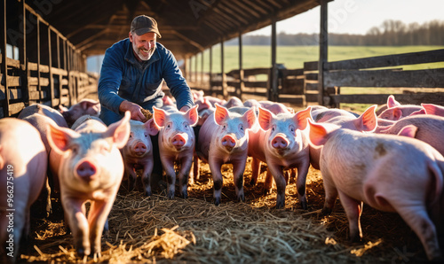 A farmer smiles as he interacts with a group of pigs in a barn