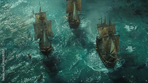 Three caravels leaving the port of Palos, year 1492 at eight in the morning, turquoise dark blue sea