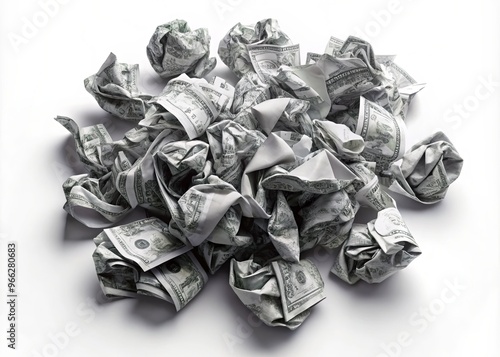 Stark black and white illustration of various denominations of crumpled paper money scattered across a crisp white