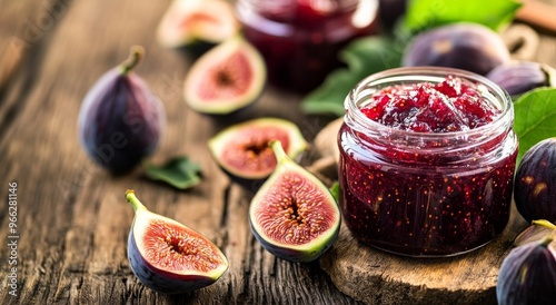 Homemade fig jam with fresh figs displayed on a rustic wooden table