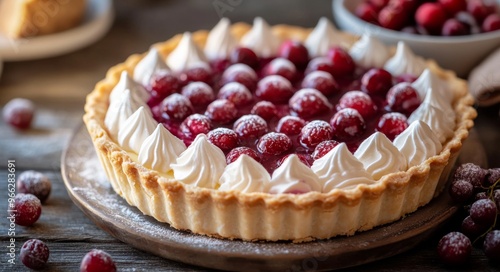 Delicious cranberry meringue tart on a rustic wooden table with fresh berries and sugar dusting