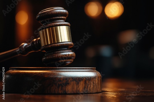 Wooden Judge's Gavel in Courtroom with Warm Lighting