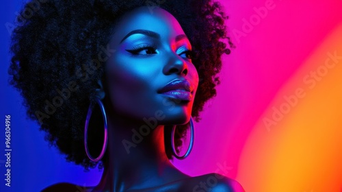 a woman with big earrings and a colorful background