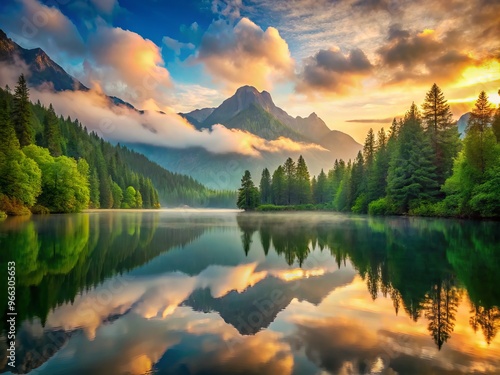 Vibrant, high-definition wallpaper image of a serene mountain lake at dawn, reflected in calm water surrounded by lush