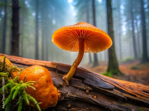 Vibrant orange fungus grows on decaying log, its umbrella-shaped cap spread wide, revealing intricate gills and long,