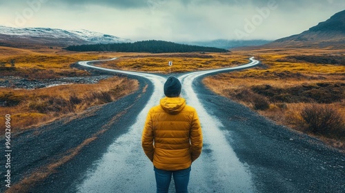 Road decision moment, with a person choosing between two paths in a scenic landscape, road decision, life choices