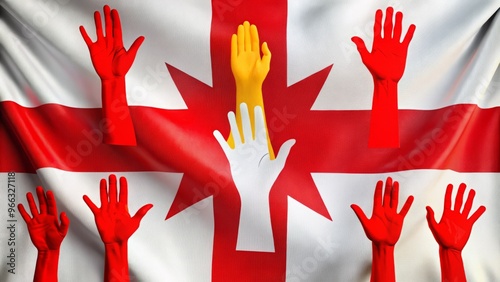 Vibrant Ulster Banner with red cross on white background, flanked by red hands, a symbolic representation of Northern