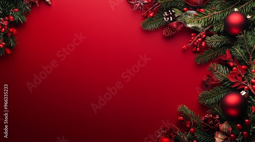 With a red Christmas greeting and Happy New Year card on a border background of balls cones leaves decor for festive holidays, welcome winters, cards, and banners