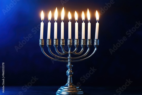 A shimmering hanukkah menorah featuring eight candles radiating warmth against a serene blue background, creating an inviting atmosphere for your joyful celebrations