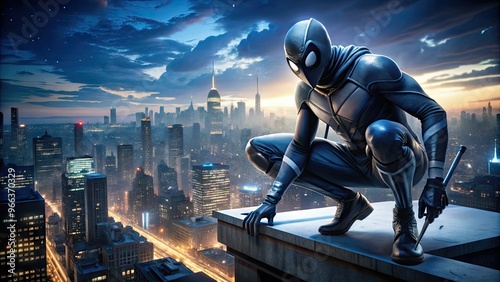 A masked vigilante with arachnid powers perches on a rooftop, cityscape gleaming behind, as he gazes intently into the night, ready to swing into action.