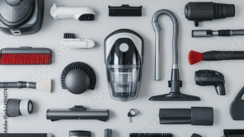 A vacuum cleaner with various attachments laid out on a clean surface, showing versatility for different cleaning tasks and surfaces.