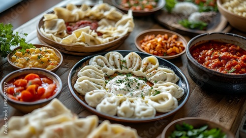 Plates of traditional Turkish food. Manti(Turkish ravioli) with tomato sauce.