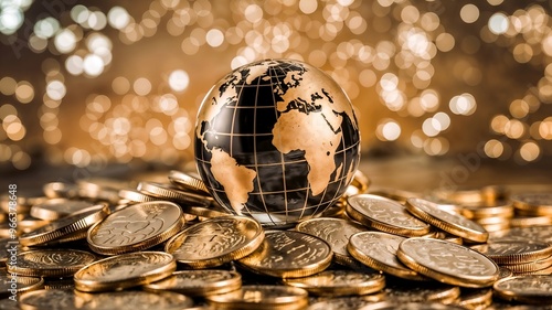 Global Wealth and Finance: Visualizing a Golden Globe Resting on a Pile of Coins, Money and Wealth in Global Finance.