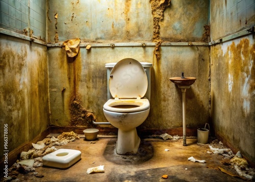 A putrid, messy toilet bowl overrun with feces, urine, and toilet paper, with a filthy seat and stained walls, exuding a sense of unsanitary neglect.