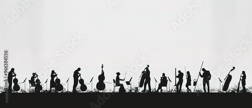 composition of symphony orchestra instruments, only silhouettes are visible 