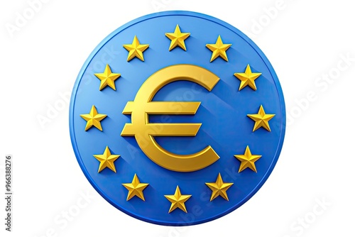 A stylized illustration of the Eurozone currency symbol, a blue circle with a yellow star and a stylized "E" created from currency symbols.