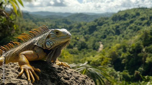 Iguana Wygrzewająca Się na Skalistym Wzgórzu w Tropikalnym Lesie