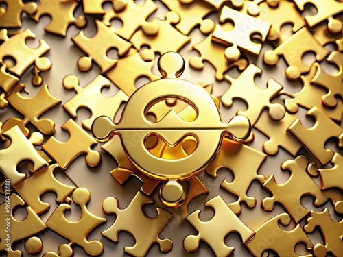 Golden equal sign icon rests on a background of diverse interconnected puzzle pieces, symbolizing unity, balance, and harmony.