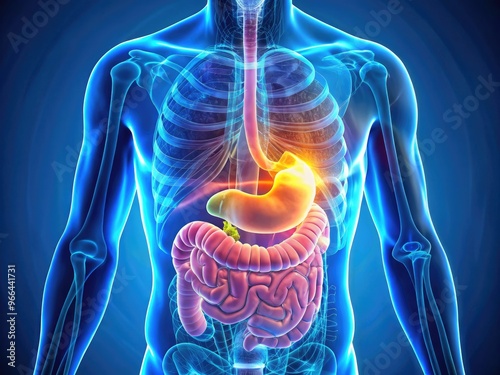 Illuminated 3D illustration of the human stomach's intricate anatomy, showcasing its layered walls, gastric folds, and digestive enzymes amidst a vibrant blue and pink color scheme.