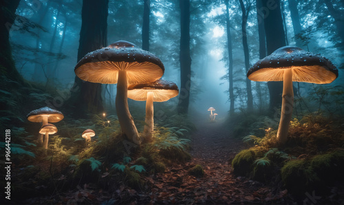 Large mushrooms glow in a misty forest, creating an otherworldly scene