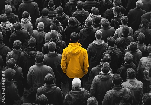 Person in full bright colour and saturiattion standing among a crowd of people in black and white