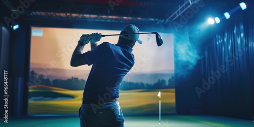 Closeup of a professional male golfer playing golf indoors in a golf simulator with a training field screen